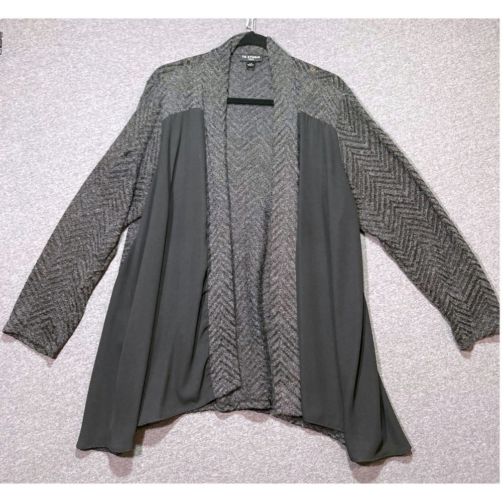 IN Studio Woman 1X Cardigan Gray Black Chevron Mixed Media Open Front USA Made